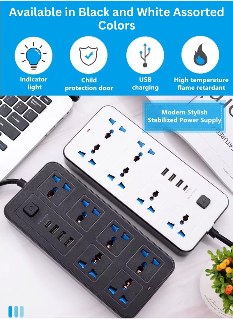 2 meters Universal Extension Lead with Multiple Function UK Plug 3 Pin Socket Outlet with 6 Gang, 3 USB Port, 1 Type-C Port, 1.8M Electric Socket Mains Strip for Home Kitchen and Office, Power Strip with Child Security Door and Kids Protection, Smart Chip Inside and Over Load Switch More Safety Functionality   (Available Color May Vary in white & black)