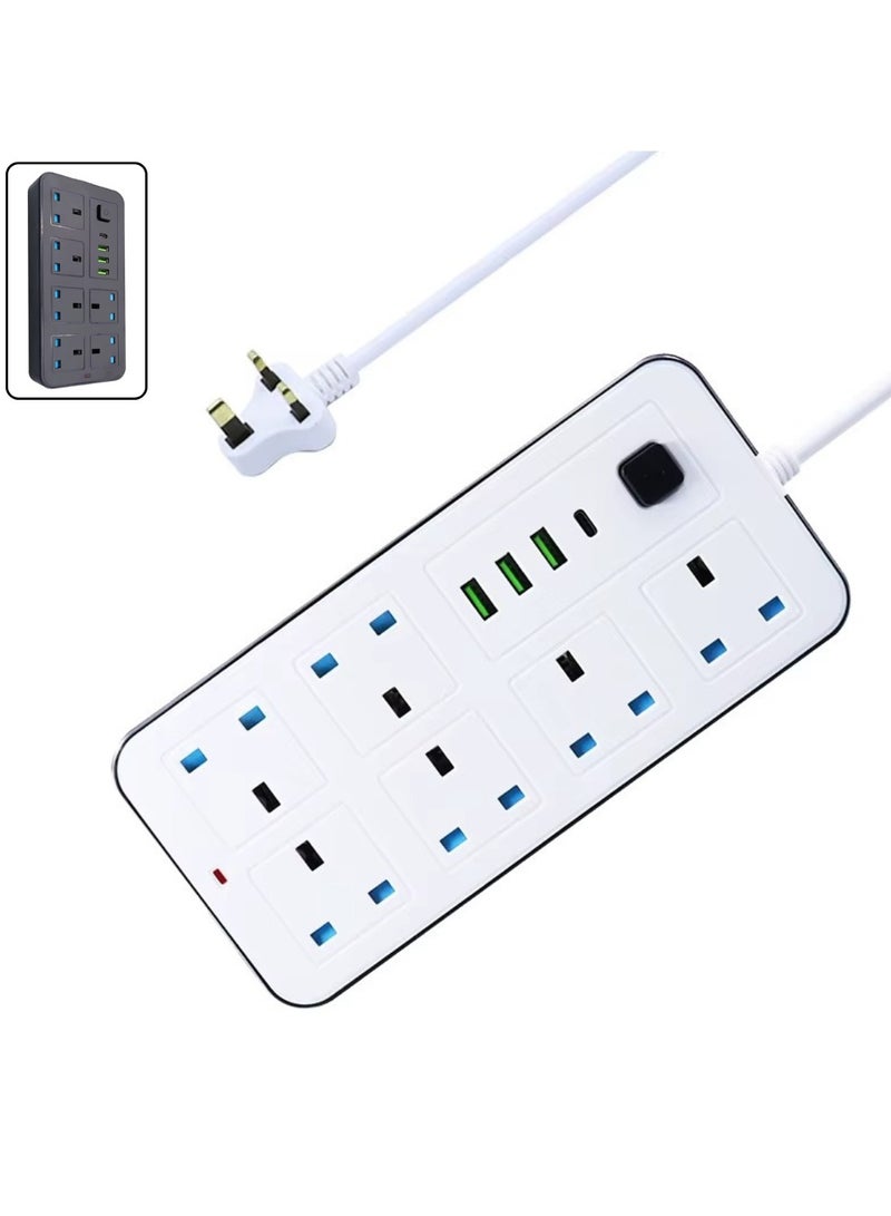 Trendify 2 meters UAE/UK Extension Lead with Multiple Function UK Plug 3 Pin Socket Outlet with 6 Gang, 3 USB Port, 1 Type-C Port, 1.8M Electric Socket Mains Strip for Home Kitchen and Office, Power Strip with Child Security Door and Kids Protection, Smart Chip Inside and Over Load Switch More Safety Functionality   (Available Color May Vary in white & black)  - Image 1
