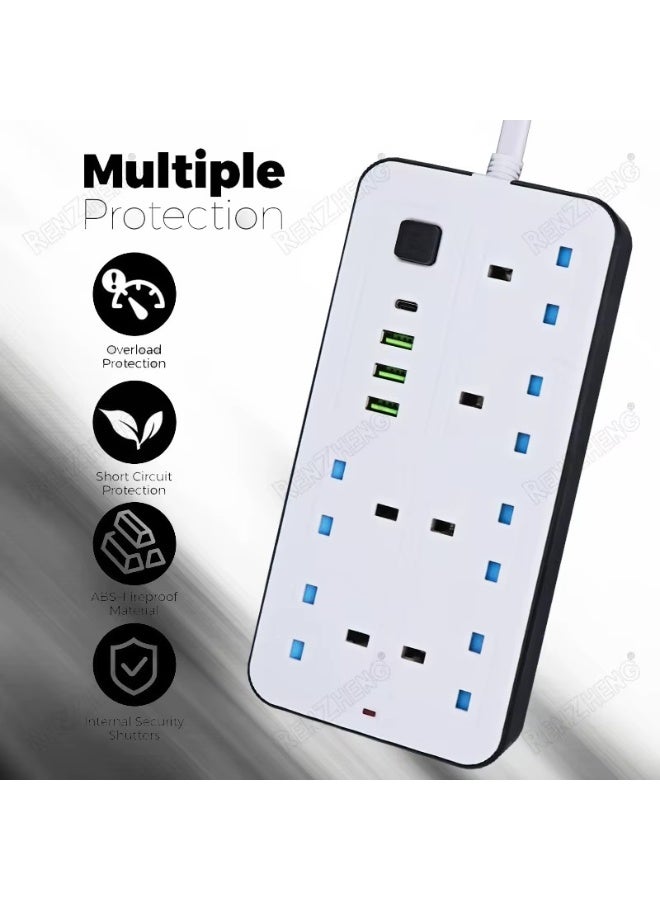 Trendify 2 meters UAE/UK Extension Lead with Multiple Function UK Plug 3 Pin Socket Outlet with 6 Gang, 3 USB Port, 1 Type-C Port, 1.8M Electric Socket Mains Strip for Home Kitchen and Office, Power Strip with Child Security Door and Kids Protection, Smart Chip Inside and Over Load Switch More Safety Functionality   (Available Color May Vary in white & black)  - Image 2