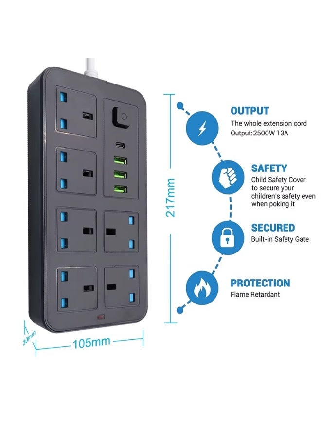 Trendify 2 meters UAE/UK Extension Lead with Multiple Function UK Plug 3 Pin Socket Outlet with 6 Gang, 3 USB Port, 1 Type-C Port, 1.8M Electric Socket Mains Strip for Home Kitchen and Office, Power Strip with Child Security Door and Kids Protection, Smart Chip Inside and Over Load Switch More Safety Functionality   (Available Color May Vary in white & black)  - Image 3