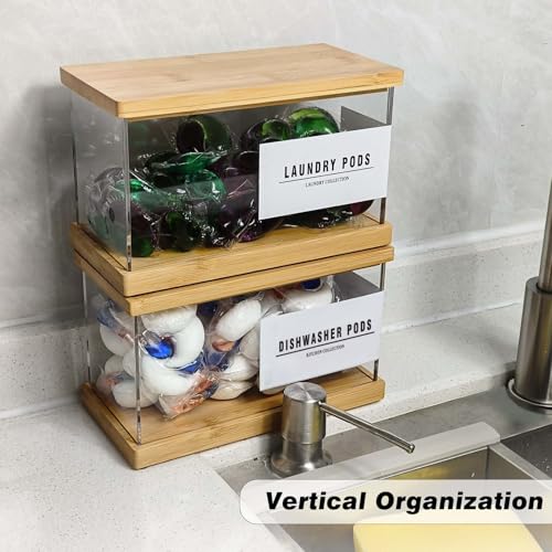 Gnjoyxuan Laundry Pods Container, Acrylic Dishwasher Pod Container with Bamboo Lid and Extra Labels, Candy Dispenser Coffee Pod Holder for Home, Kitchen - Image 2