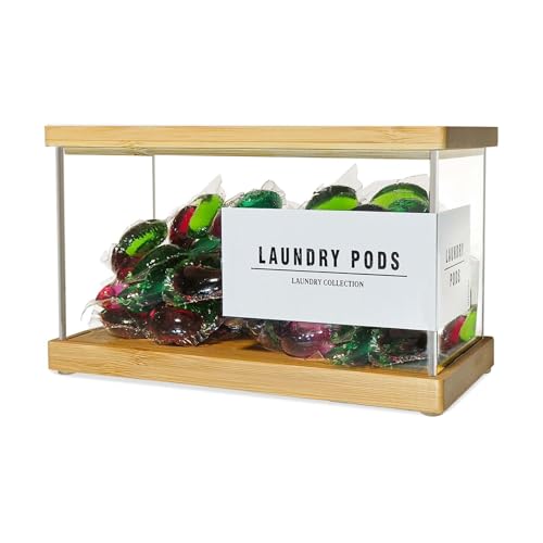 Gnjoyxuan Laundry Pods Container, Acrylic Dishwasher Pod Container with Bamboo Lid and Extra Labels, Candy Dispenser Coffee Pod Holder for Home, Kitchen - Image 1