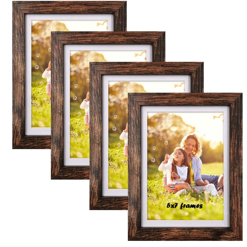 SESEAT 5x7 Picture Frames Wood Brown 4 Packs for Tabletop Display Wall Mount  Display Pictures 5x7 with Mat or 6x8 Without Mat