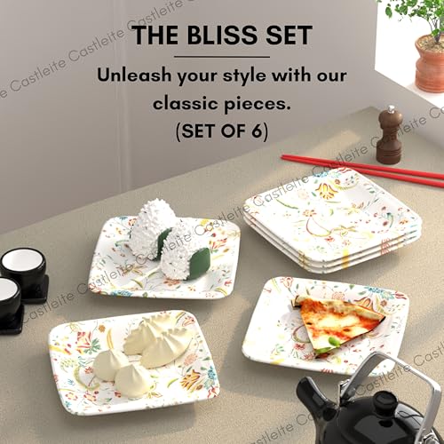 Castleite Bliss Melamine Quarter Plates Set Of 6 - Size 7',Non Breakable,Square Designer Plate For Serving Snacks,Breakfast,Lunch Or Dinner At Home,Kitchen,Or Café,Stainless (Coastal Charm) - White - Image 2