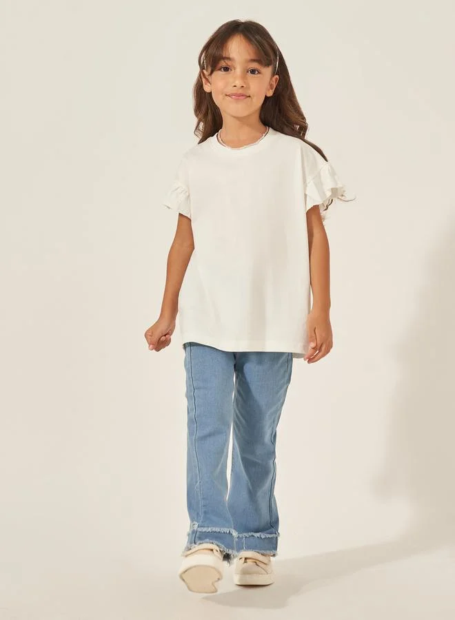 Styli Styli Solid Dropped Shoulder T-Shirt with Ruffled Detail