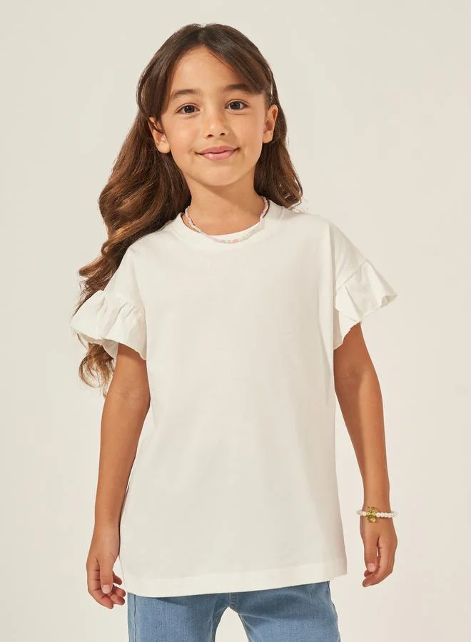 Styli Styli Solid Dropped Shoulder T-Shirt with Ruffled Detail