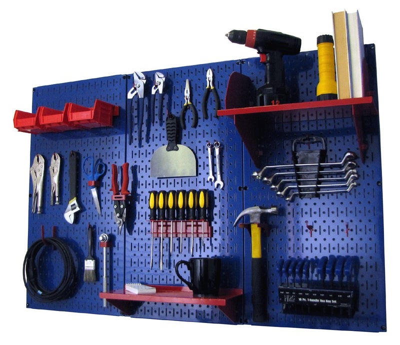 Wall Control Pegboard Organizer 4 ft Metal Pegboard Standard Tool Storage Kit with Blue Toolboard and Red Accessories