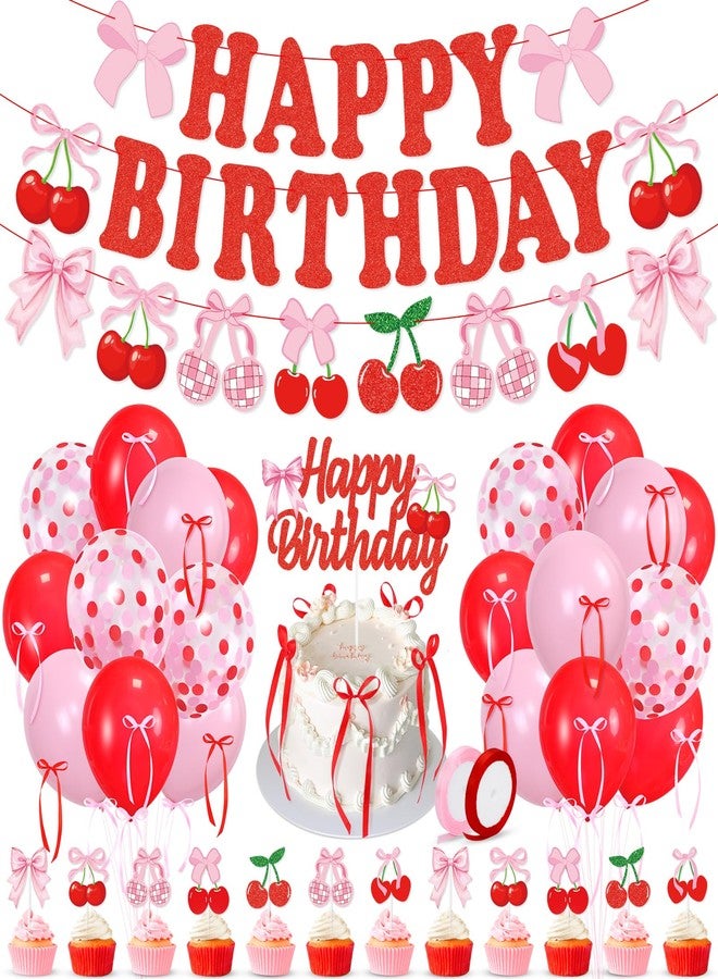 K KUMEED Cherry Birthday Decorations,Happy Birthday Cherry Banner,Summer Fruit Cherry Party Supplies Cake Topper Latex Balloons for Women Girl Birthday Party Favors - Image 1