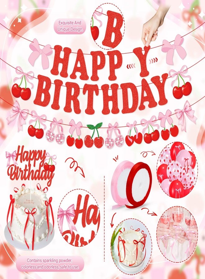 K KUMEED Cherry Birthday Decorations,Happy Birthday Cherry Banner,Summer Fruit Cherry Party Supplies Cake Topper Latex Balloons for Women Girl Birthday Party Favors - Image 3