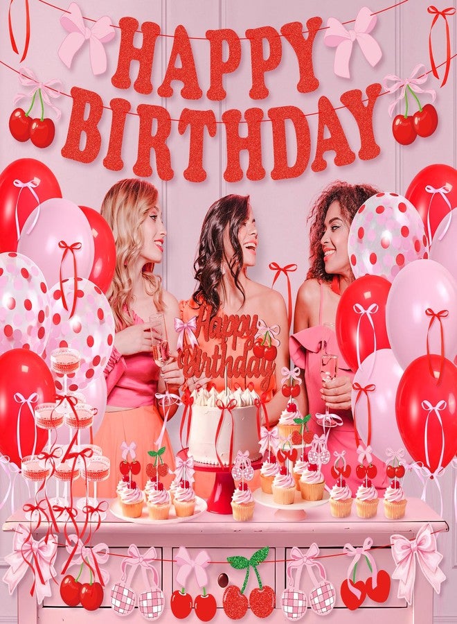 K KUMEED Cherry Birthday Decorations,Happy Birthday Cherry Banner,Summer Fruit Cherry Party Supplies Cake Topper Latex Balloons for Women Girl Birthday Party Favors - Image 5