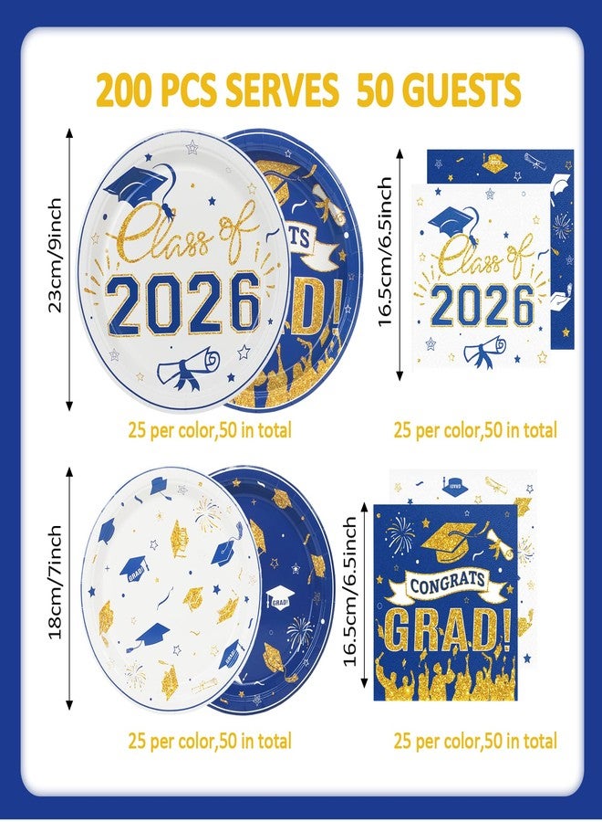 CENLBJ 200Pcs Graduation Plates and Napkins 2026,Blue and Gold Graduation Decorations,Congrats Grad Plates Class Of 2026 Plates and Napkins for College High School Graduation Party, Serve 50 - Image 3