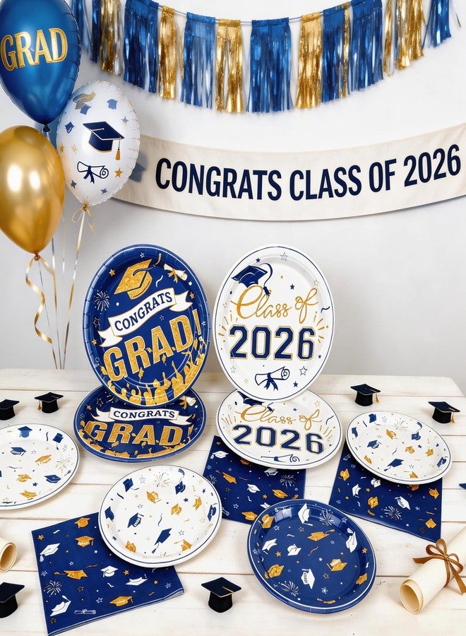 CENLBJ 200Pcs Graduation Plates and Napkins 2026,Blue and Gold Graduation Decorations,Congrats Grad Plates Class Of 2026 Plates and Napkins for College High School Graduation Party, Serve 50 - Image 2