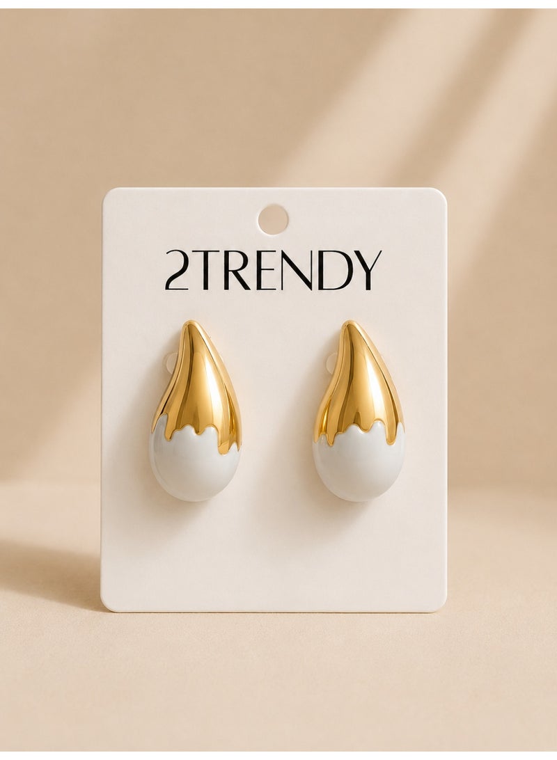 2TRENDY Gold & White Teardrop Stud Earrings for Women - Image 2