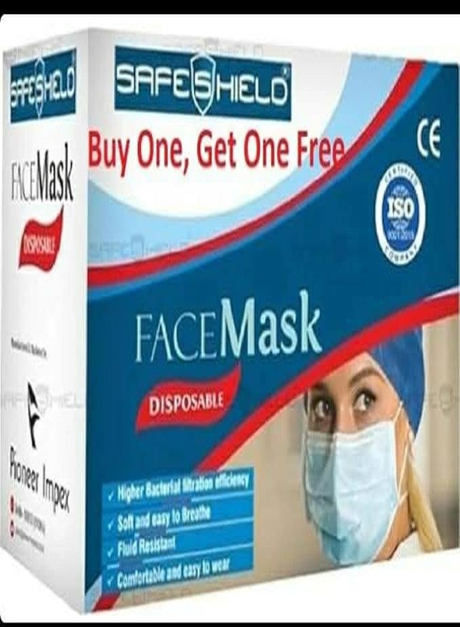 SafeShield 3 Ply Disposable Surgical Face Mask with Meltblown Filter & Nose Pin Ear Loop, BFE 99%, Pack of 50 (Buy One Get One free) - Image 1