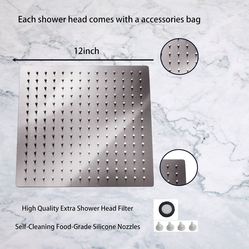 GGStudy High Pressure Square Shower Head 12 Inches Large Stainless Steel Shower Heads,Ultra Thin Rainfall Bath Shower 1/2 Connection Brushed Nickel Shower - Image 4