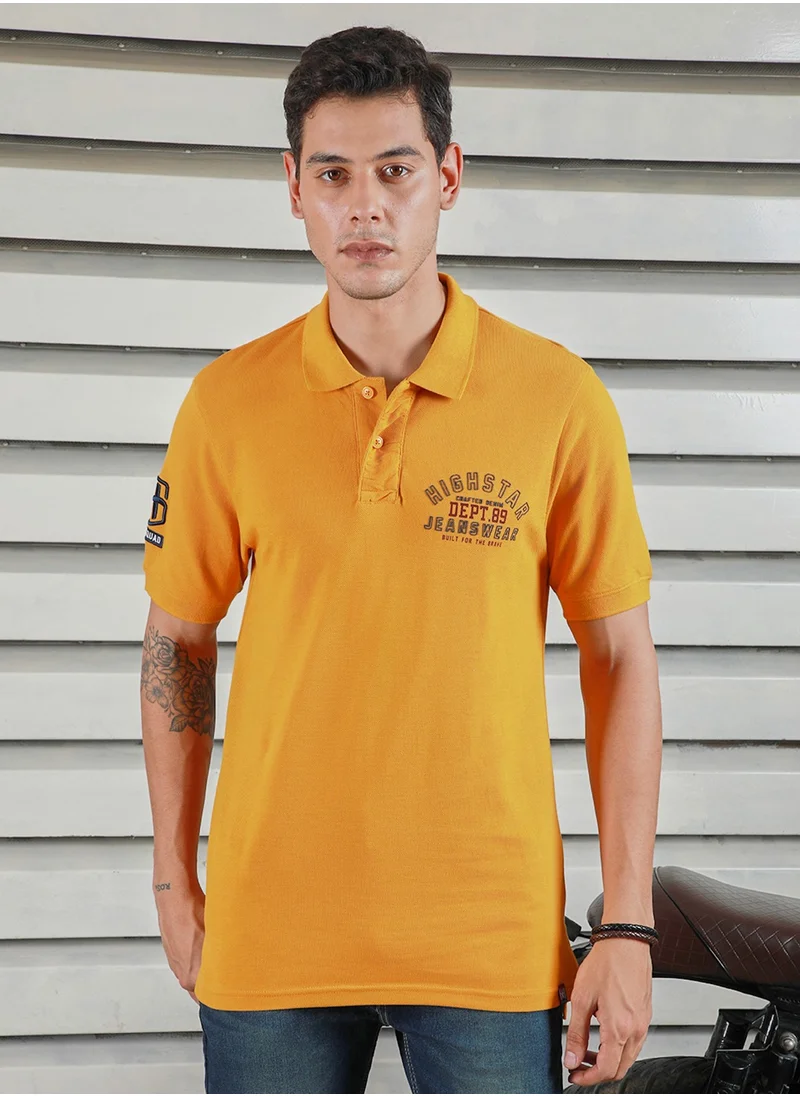 HIGH STAR Yellow Polo Collar Typographic Applique T-shirt for Men, 100% Cotton