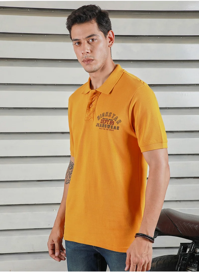 هاي ستار Yellow Polo Collar Typographic Applique T-shirt for Men, 100% Cotton