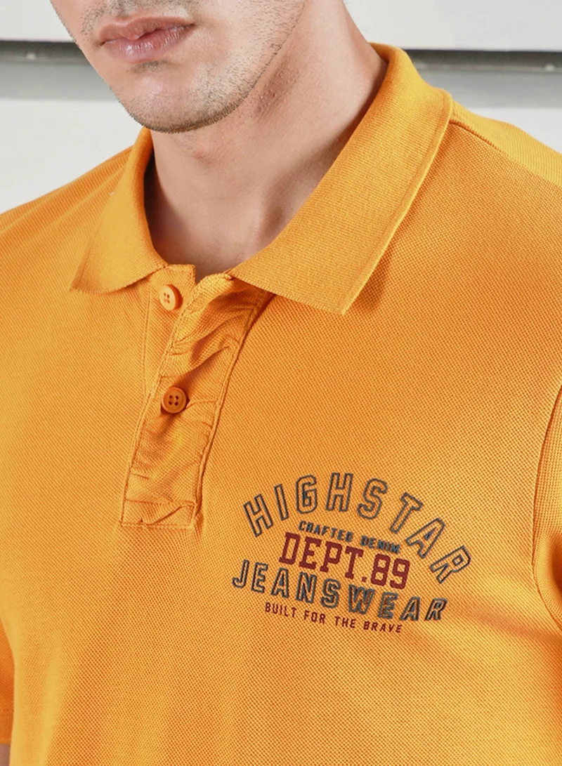 HIGH STAR Yellow Polo Collar Typographic Applique T-shirt for Men, 100% Cotton