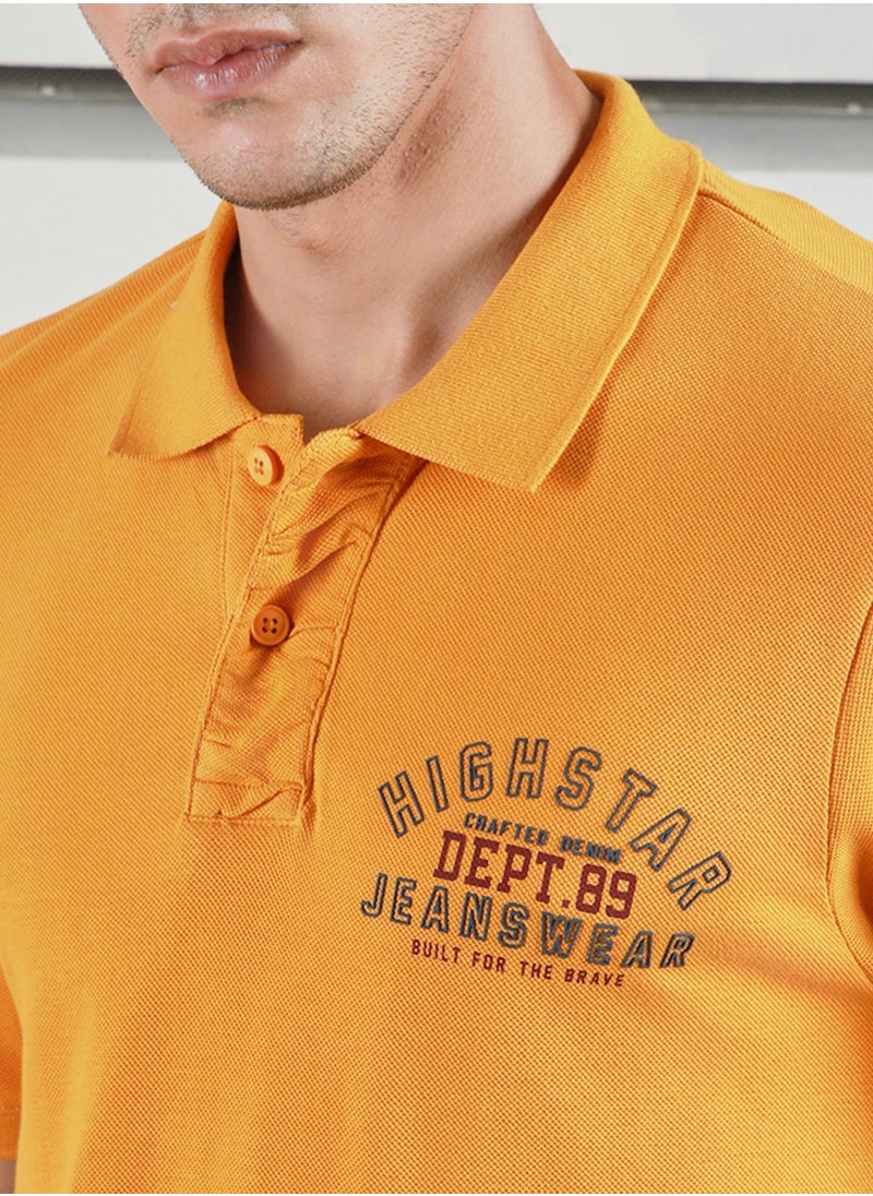 HIGH STAR Yellow Polo Collar Typographic Applique T-shirt for Men, 100% Cotton  - Image 3