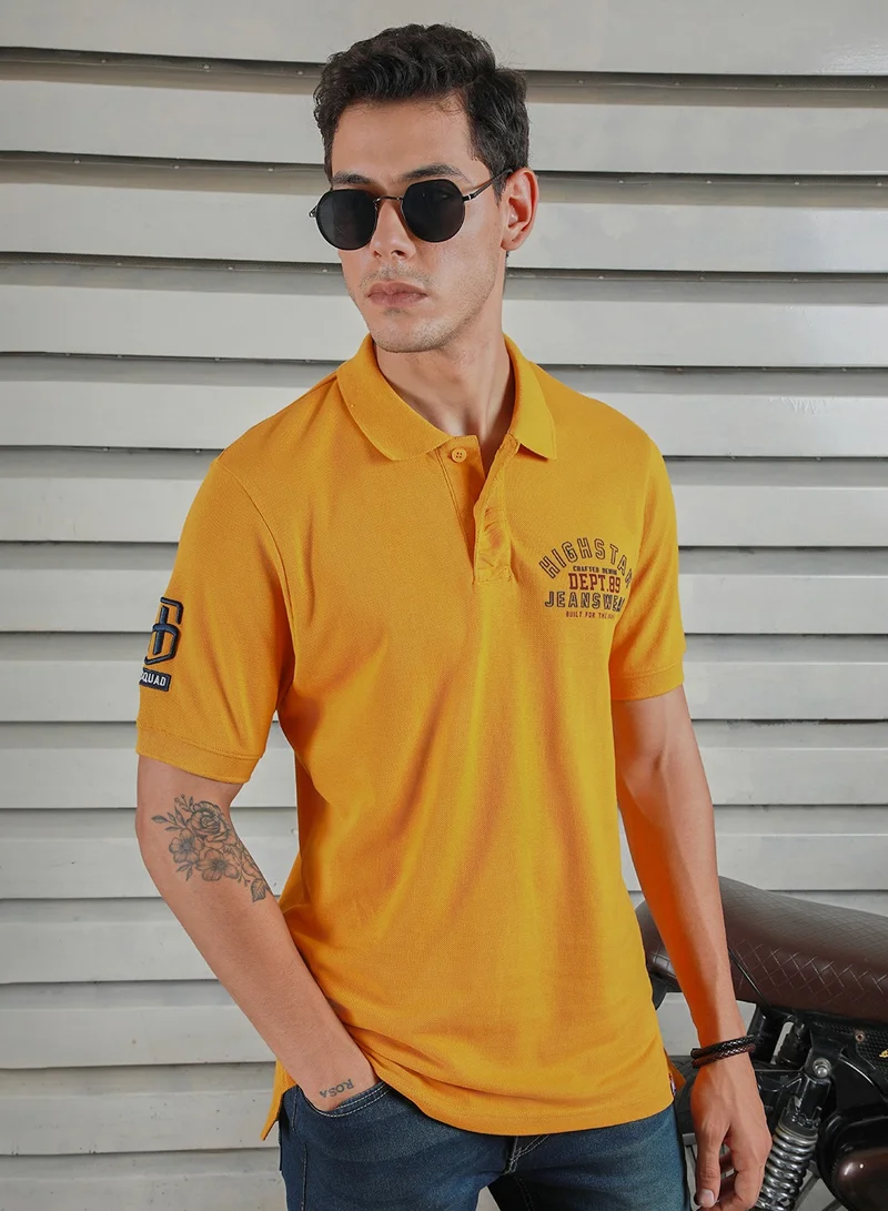 HIGH STAR Yellow Polo Collar Typographic Applique T-shirt for Men, 100% Cotton
