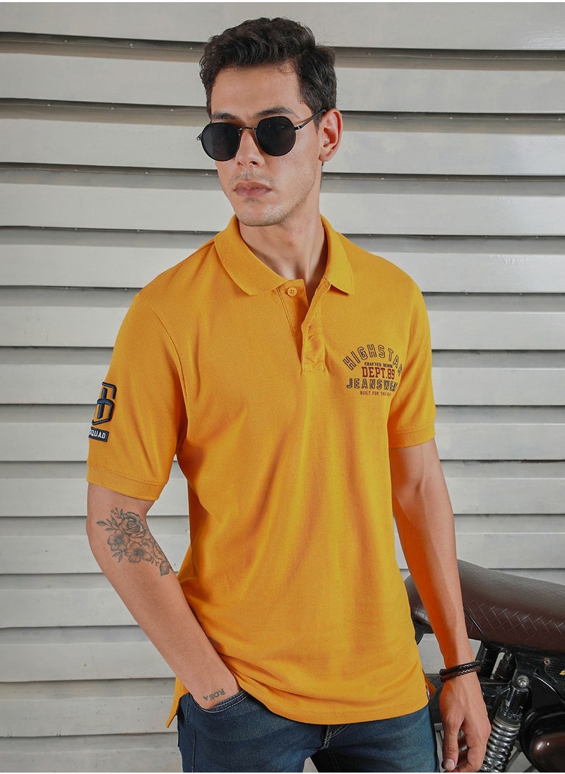 HIGH STAR Yellow Polo Collar Typographic Applique T-shirt for Men, 100% Cotton  - Image 5