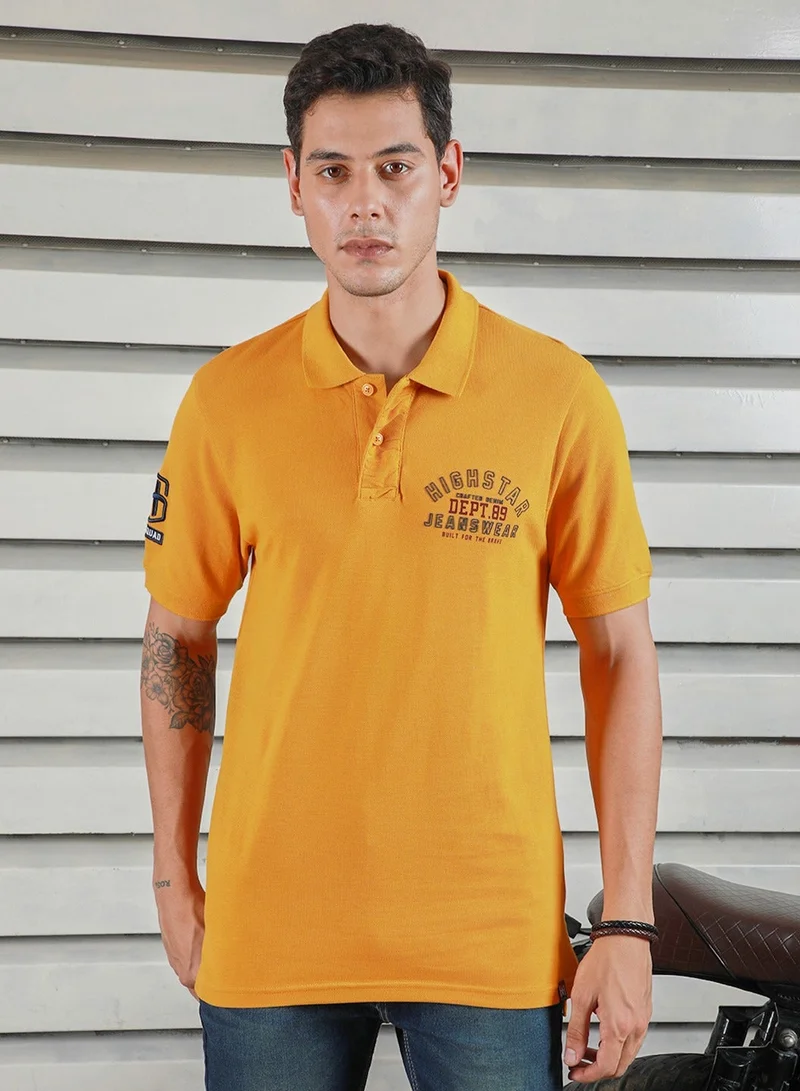Yellow Polo Collar Typographic Applique T-shirt for Men, 100% Cotton