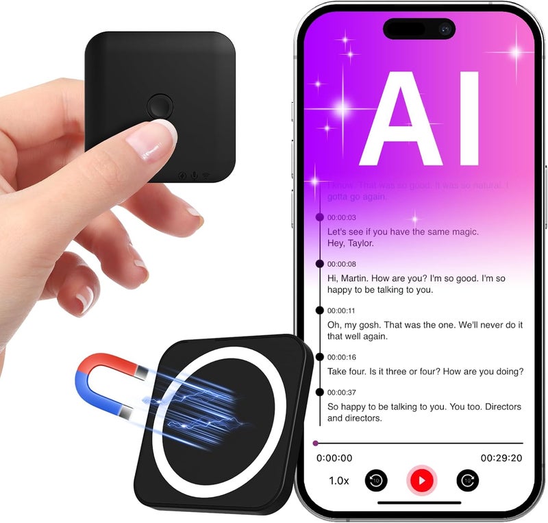 فوكيس تسجيل مسجل الصوت الذكي FoCase Note مع الذكاء الاصطناعي، النسخ، التلخيص والترجمة بالذكاء الاصطناعي، التحكم عبر التطبيق، سعة تخزين 64 جيجابايت، دعم 112 لغة، مسجل مغناطيسي فائق النحافة للملاحظات للمكالمات والمحاضرات والاجتماعات - Image 1