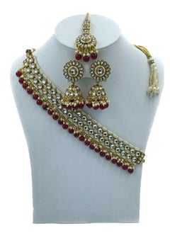 GOHONA Royal Bling Bollywood Traditional Indian Kundan sokar Jewellery Necklace With Earrings Set and 1 Tikka in MAROON colour