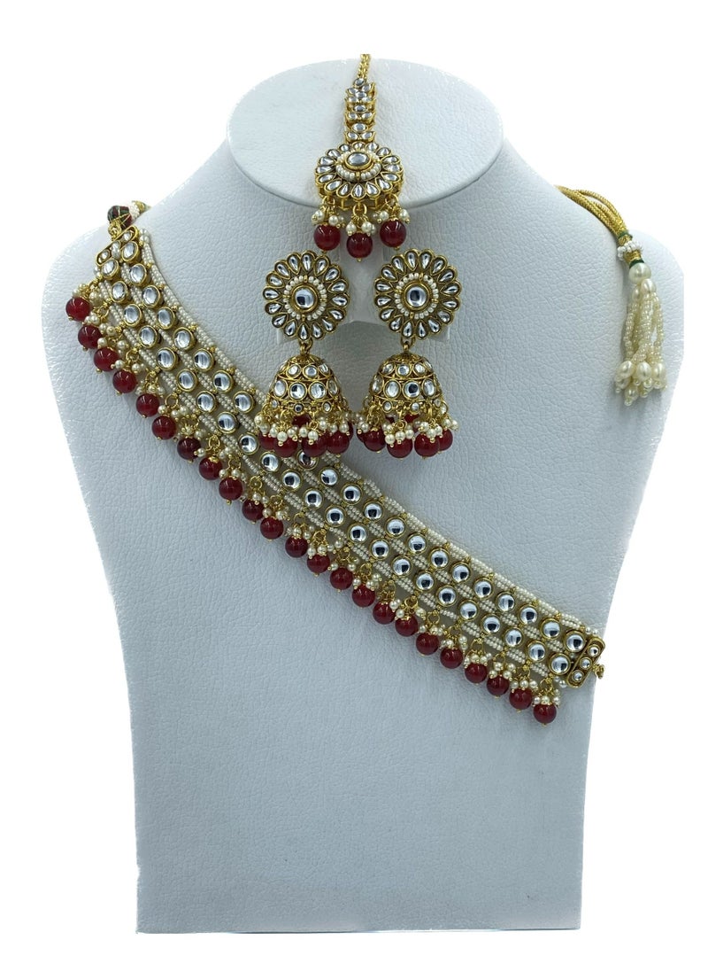 GOHONA - GOHONA Royal Bling Bollywood Traditional Indian Kundan sokar Jewellery Necklace With Earrings Set and 1 Tikka in MAROON colour - Image 1