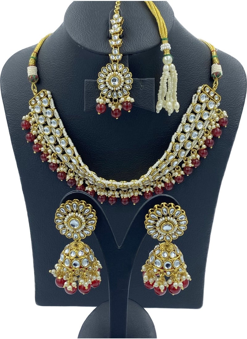 GOHONA - GOHONA Royal Bling Bollywood Traditional Indian Kundan sokar Jewellery Necklace With Earrings Set and 1 Tikka in MAROON colour - Image 1