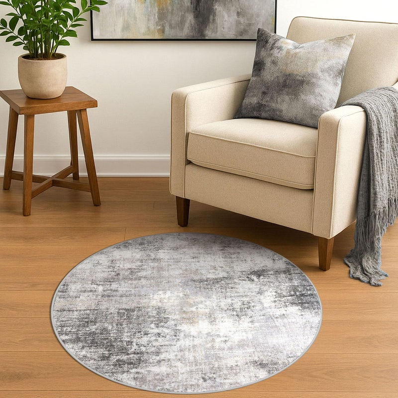IOHOUZE Round Area Rug 3 Ft Circle Entryway Rugs Round Washable Door Mat Indoor Entrance, Non Slip Circle Front Door Rug, Printed Abstract Faux Wool Floor Carpet for Foyer Porch Sink, Grey Beige - Image 2