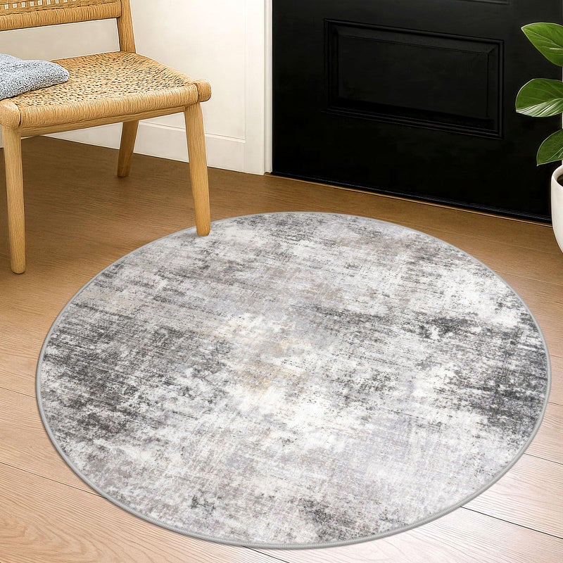 IOHOUZE Round Area Rug 3 Ft Circle Entryway Rugs Round Washable Door Mat Indoor Entrance, Non Slip Circle Front Door Rug, Printed Abstract Faux Wool Floor Carpet for Foyer Porch Sink, Grey Beige - Image 1