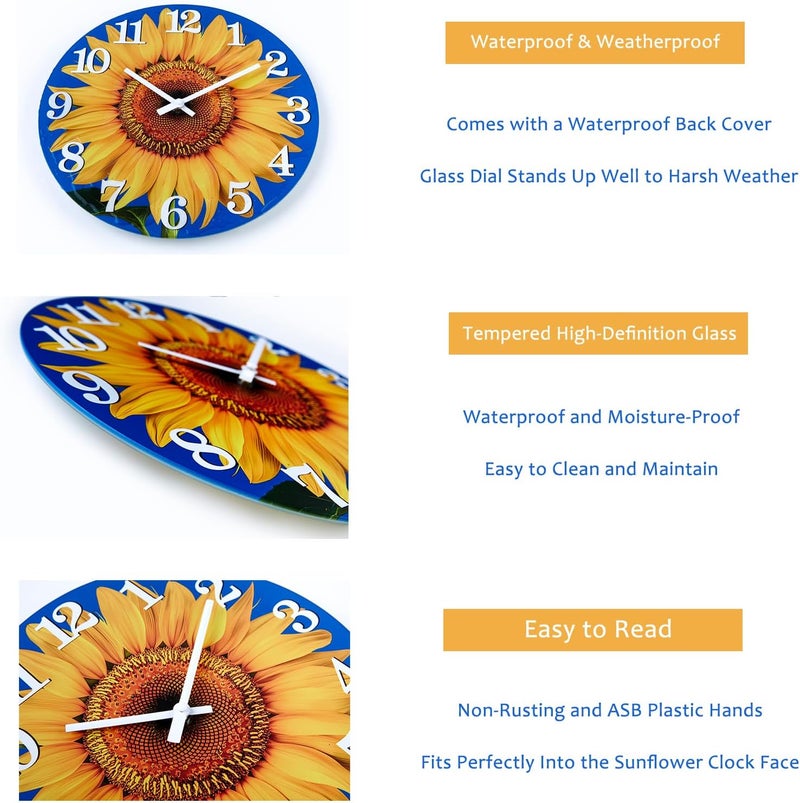 Yoiolclc Outdoor Clock Waterproof-Decorative Sun Flower Wall Clocks for Pool Patio Porch Garden(12 Inch,Sunflower) - Image 3