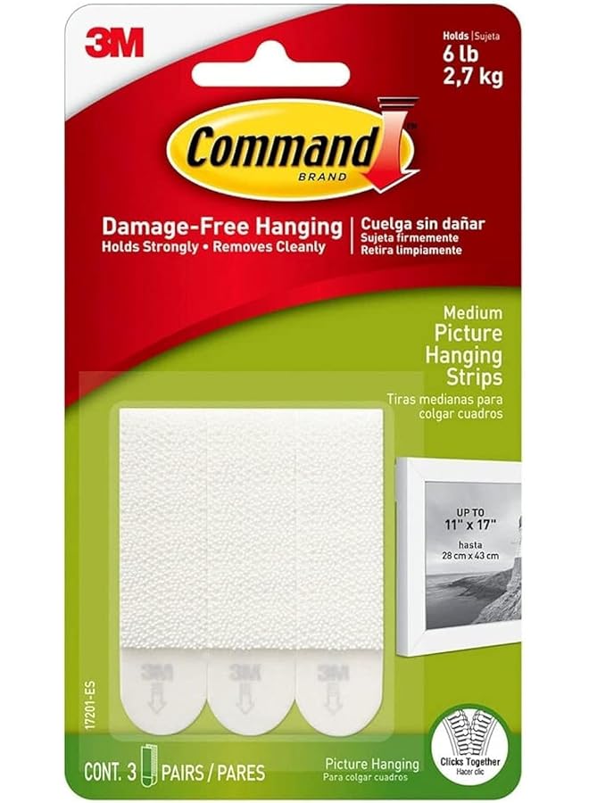 Command Picture Medium Hanging Strips White Color 3 Pairs Pack Holds 4 Kg Whole Pack Organize Decoration No Tools Holds Strongly Damage Free Hanging  - Image 1