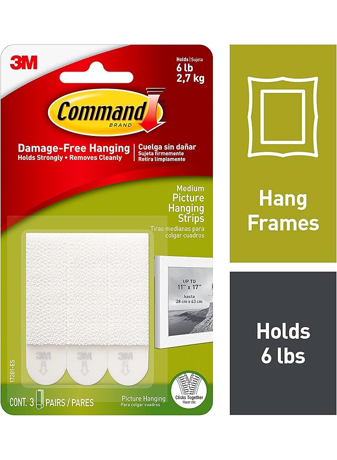 Command Picture Medium Hanging Strips White Color 3 Pairs Pack Holds 4 Kg Whole Pack Organize Decoration No Tools Holds Strongly Damage Free Hanging  - Image 2