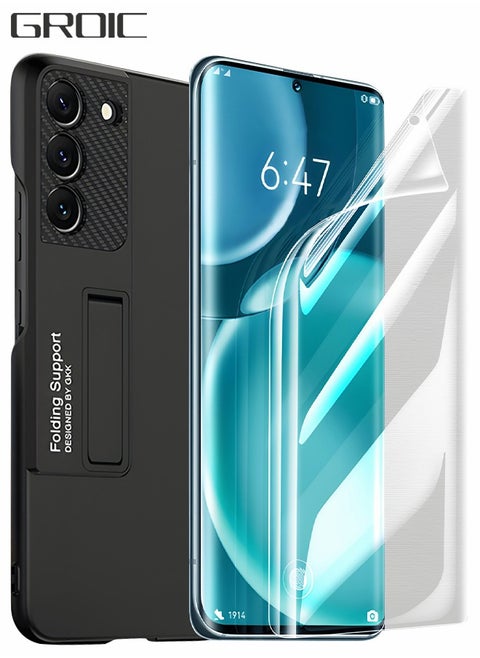 For Samsung Galaxy S23 Plus Case 6.6'', S23 Plus Slim Stand Cover with Screen Protector, Galaxy S23+ Shell Supports Wireless Charging [Adjustable Stand, Anti-Drop, Anti-Fingerprint] - Black