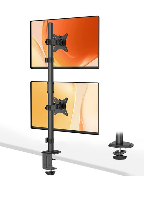 Dual Monitor Stand- Vertical Stack Monitor Desk Mount For Two Screens Up To 32 Inch Height Adjustable Screen Supports With Swivel, Tilt, Rotation, C-Clamp And Grommet Bases, 9KG Black