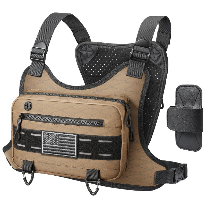 RXW Outdoor Sport Chest Rig for Men Women, Running Vest Bag with Pack Holster, Chest Pack Built in Phone Holder for Cycling, Camping,Travel, Hiking, Workouts, EDCï¼ˆBrownï¼‰ - Image 1