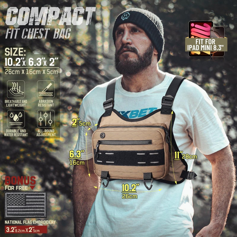 RXW Outdoor Sport Chest Rig for Men Women, Running Vest Bag with Pack Holster, Chest Pack Built in Phone Holder for Cycling, Camping,Travel, Hiking, Workouts, EDCï¼ˆBrownï¼‰ - Image 2