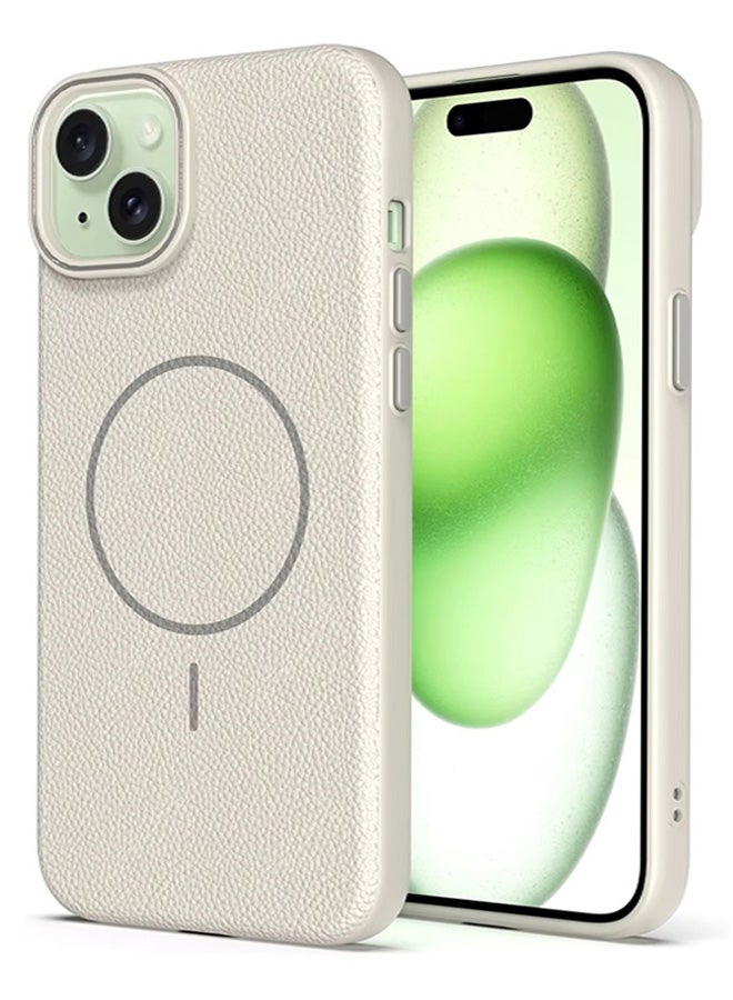 Magsafe Phone Case For iPhone 14 With High Quality Rubber Frame And Slim Lychee Pattern Leather Case with Camera Lens Protection Shockproof Cover And support wireless Charging Leather Cover for iPhone 14 - Beige - Image 1