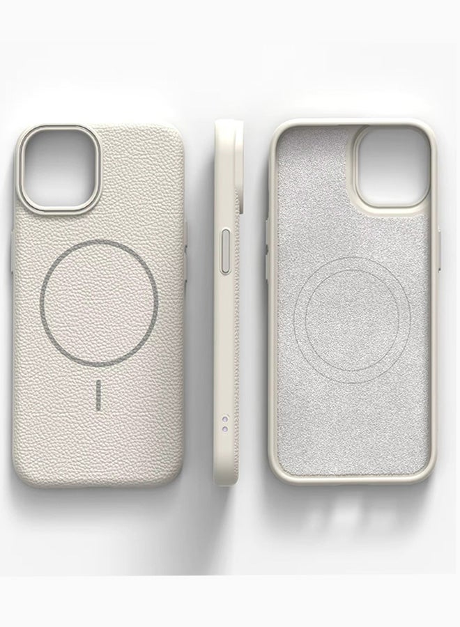 Magsafe Phone Case For iPhone 14 With High Quality Rubber Frame And Slim Lychee Pattern Leather Case with Camera Lens Protection Shockproof Cover And support wireless Charging Leather Cover for iPhone 14 - Beige - Image 2