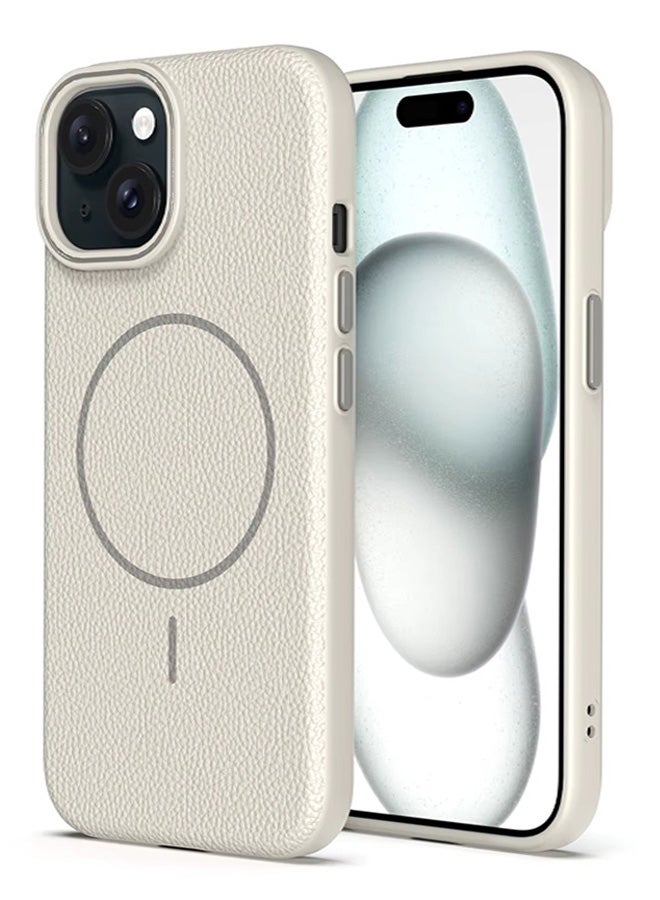 Magsafe Phone Case For iPhone 14 With High Quality Rubber Frame And Slim Lychee Pattern Leather Case with Camera Lens Protection Shockproof Cover And support wireless Charging Leather Cover for iPhone 14 - Beige - Image 3