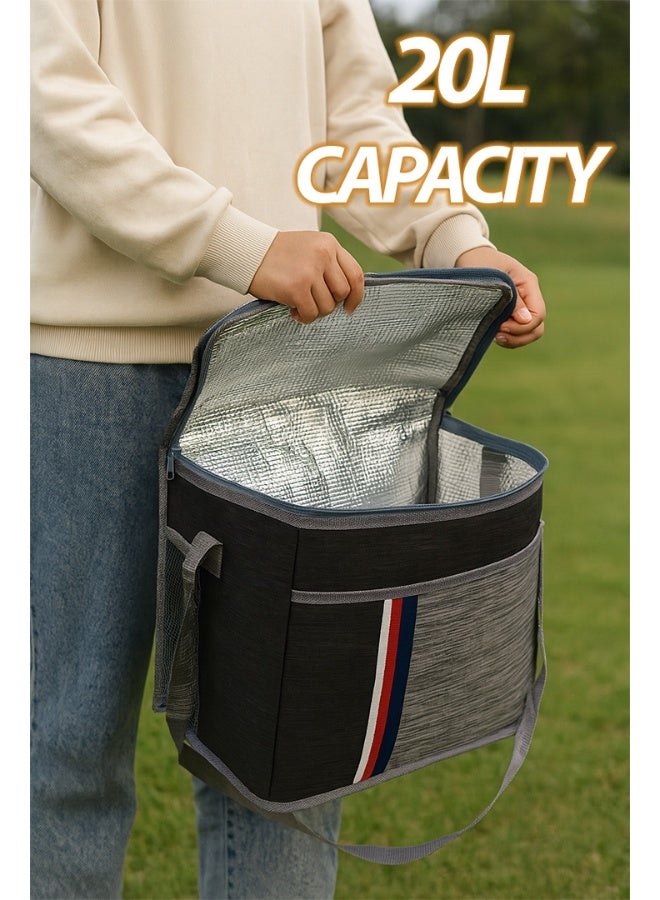 Toshionics حقيبة غداء معزولة كبيرة سعة 20 لتر للمكتب والمدرسة والعمل والسفر والنزهات والتخييم - حقيبة توت مزدوجة السحاب للرجال والنساء والأطفال - قماش أكسفورد مقاوم للماء مع حزام ومقبض - تخزين حراري للطعام - الحجم 37x18x30 سم - Image 2