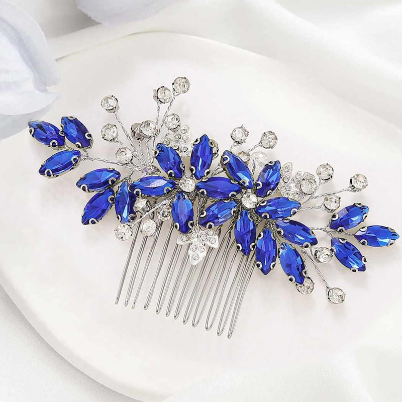 Casdre Crystal Bride Wedding Hair Comb Silver Leaf Bridal Hair Accessories Rhinestone Party Prom Hair Piece for Women and Girls (B Blue) - Image 1