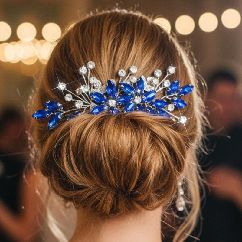 Casdre Crystal Bride Wedding Hair Comb Silver Leaf Bridal Hair Accessories Rhinestone Party Prom Hair Piece for Women and Girls (B Blue) - Image 4