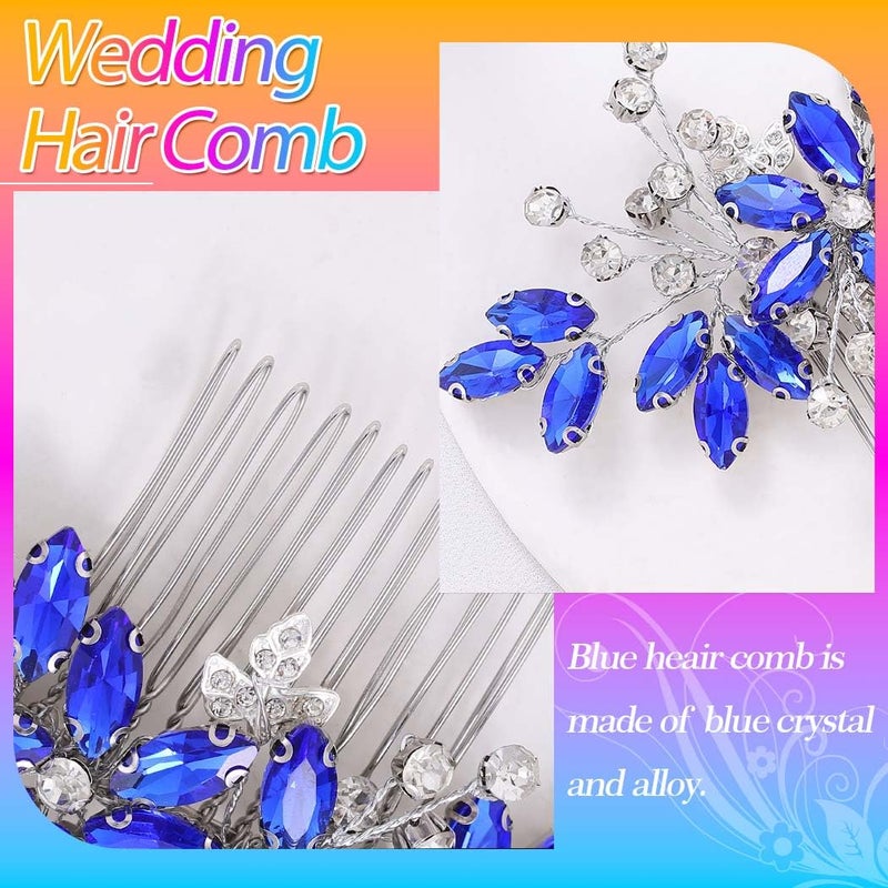 Casdre Crystal Bride Wedding Hair Comb Silver Leaf Bridal Hair Accessories Rhinestone Party Prom Hair Piece for Women and Girls (B Blue) - Image 5