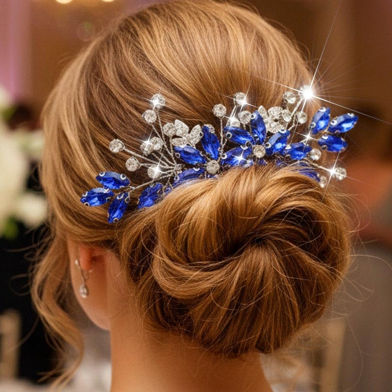 Casdre Crystal Bride Wedding Hair Comb Silver Leaf Bridal Hair Accessories Rhinestone Party Prom Hair Piece for Women and Girls (B Blue) - Image 2