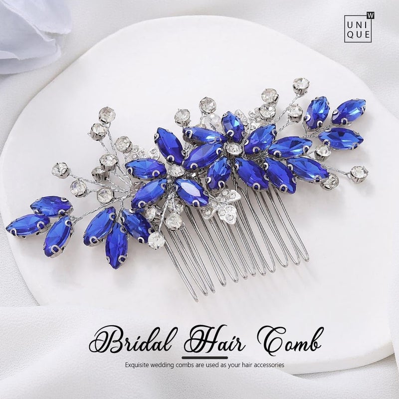 Casdre Crystal Bride Wedding Hair Comb Silver Leaf Bridal Hair Accessories Rhinestone Party Prom Hair Piece for Women and Girls (B Blue) - Image 3