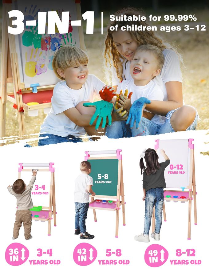 Joyooss Easel for Kids Art Easel Kids Easels for Toddlers,Wooden Kid Easel with Paper Roll Chalkboard for Kids Adjustable Double Sided Kids Dry Erase Board, Outdoor Easel for Kids Art Easel Toddler - Image 5