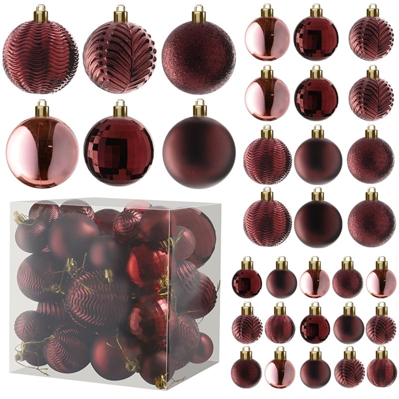 PREXTEX Wine Red Christmas Ornaments Set 36 Shatterproof Wine Colored Ornaments for Christmas Tree Holiday Wreath and Party Decor Includes Small Medium Large Dark Red Christmas Balls